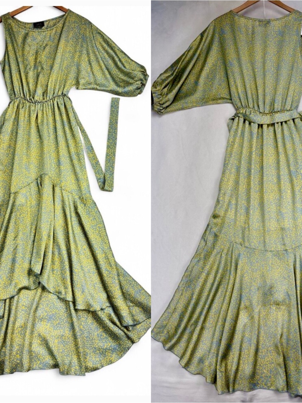 VICI One-Shoulder‎ Asymmetrical Maxi Dress M Green Yellow Print Elastic Waist
